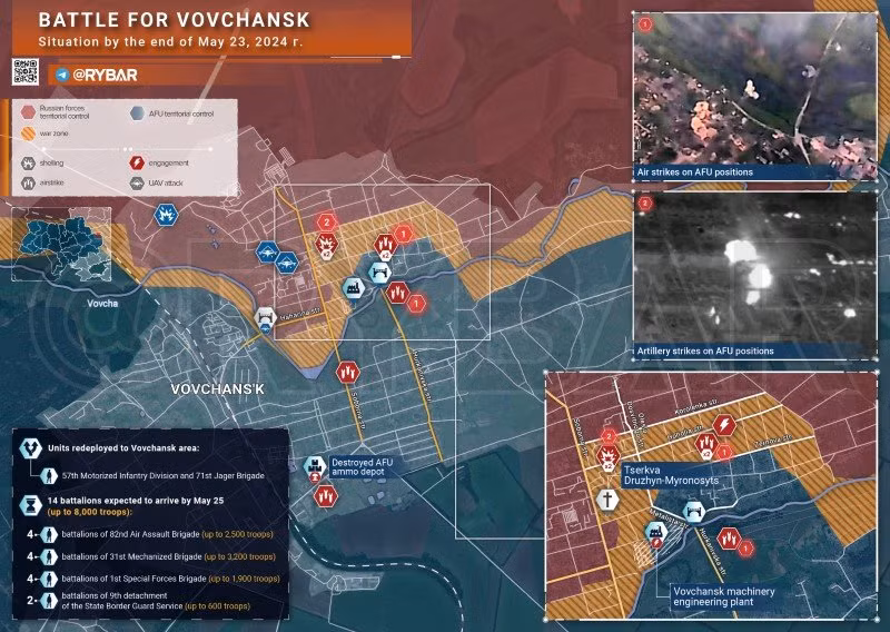 Bản đồ chiến sự Ukraine ngày 23/5, khu vực Volchansk. (Ảnh: Rybar)