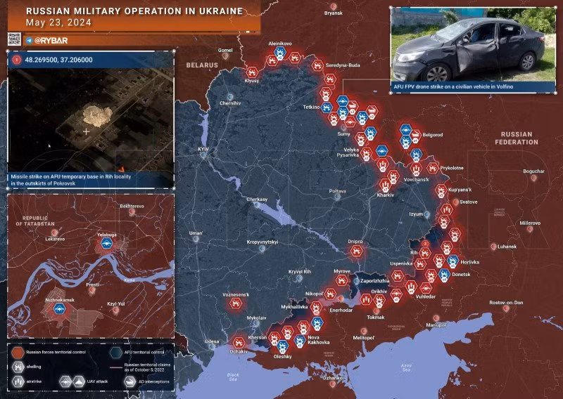 Bản đồ chiến sự Ukraine ngày 23/5. (Ảnh: Rybar)