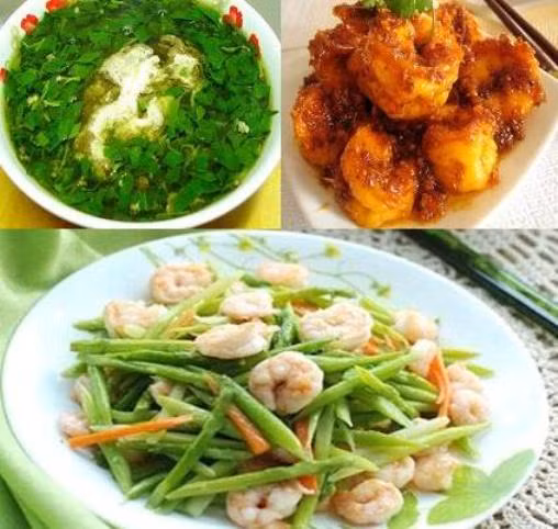 Thực đơn số 1: Canh cua rau đay, tôm kho tàu, đậu que xào tôm.
