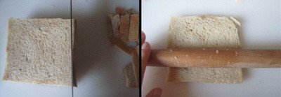 Cắt bỏ phần bìa bánh mì sandwich, rồi dùng cán cán mỏng.