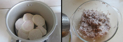 Gọt bỏ vỏ khoai môn, cắt lát rồi cho vào nồi hấp chín. Sau đó, bạn cho khoai ra tô, nghiền nhuyễn.