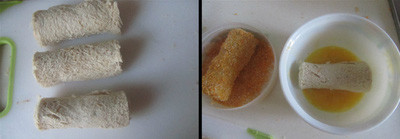 Cuộn bánh mì thật chặt tay, rồi lần lượt nhúng bánh mì qua trứng và áo qua lớp vụn bánh mì.