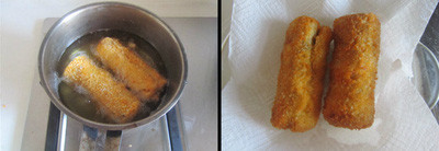 Chuẩn bị một chảo dầu nóng, cho bánh mì vào chiên đến khi bánh chuyển màu vàng giòn thì bạn vớt ra, đặt lên khăn ăn cho ráo dầu là có thể dùng được.