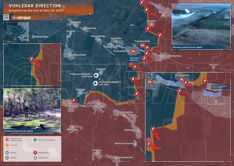 Bản đồ chiến sự Ukraine ngày 30/5, hướng Vuhledar. (Ảnh: Rybar) Bản đồ chiến sự Ukraine ngày 30/5, hướng Vuhledar. (Ảnh: Rybar)