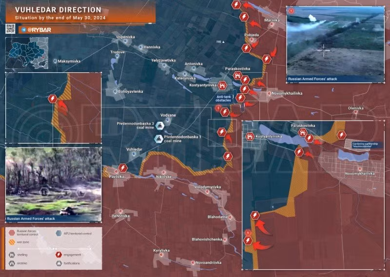 Bản đồ chiến sự Ukraine ngày 30/5, hướng Vuhledar. (Ảnh: Rybar)