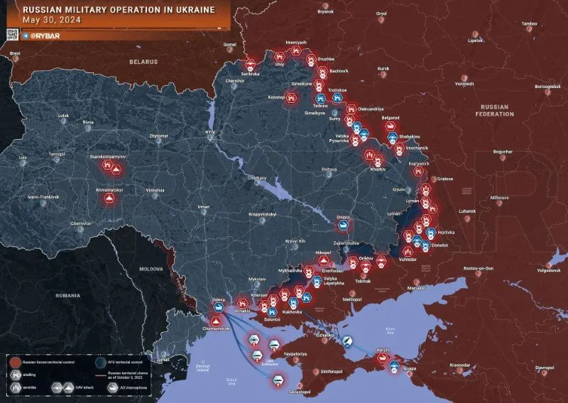 Bản đồ chiến sự Ukraine ngày 30/5. (Ảnh: Rybar)