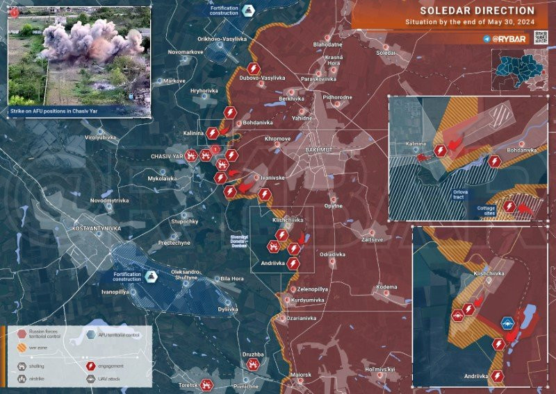 Bản đồ chiến sự Ukraine ngày 30/5, hướng Soledar. (Ảnh: Rybar) Bản đồ chiến sự Ukraine ngày 30/5, hướng Soledar. (Ảnh: Rybar)