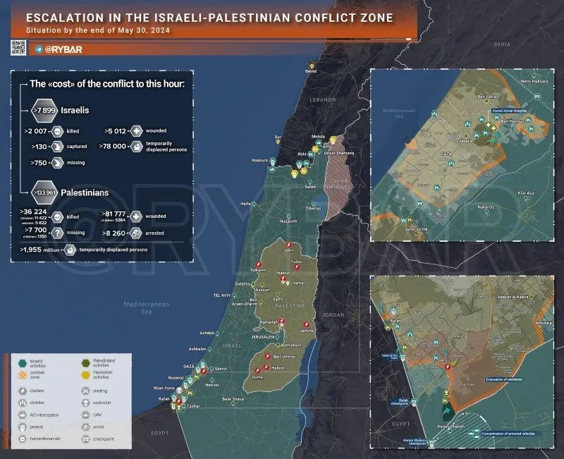 Bản đồ xung đột Israel - Hamas ngày 30/5. (Ảnh: Rybar)