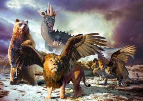 Hình vẽ 4 loài thú dữ xuất hiện vào ngày tận thế mô tả trong Book of Daniel