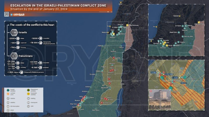 Bản đồ xung đột Israel - Hamas ngày 22/1. (Ảnh: Rybar)