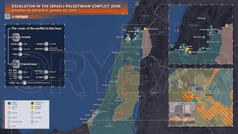 Bản đồ xung đột Israel - Hamas ngày 22/1. (Ảnh: Rybar)