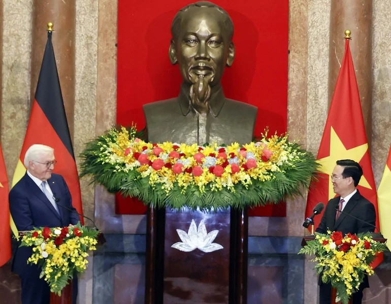 Chủ tịch nước Võ Văn Thưởng và Tổng thống CHLB Đức Frank-Walter Steinmeier gặp gỡ báo chí. (Ảnh: Thống Nhất/TTXVN) Chủ tịch nước Võ Văn Thưởng và Tổng thống CHLB Đức Frank-Walter Steinmeier gặp gỡ báo chí. (Ảnh: Thống Nhất/TTXVN)