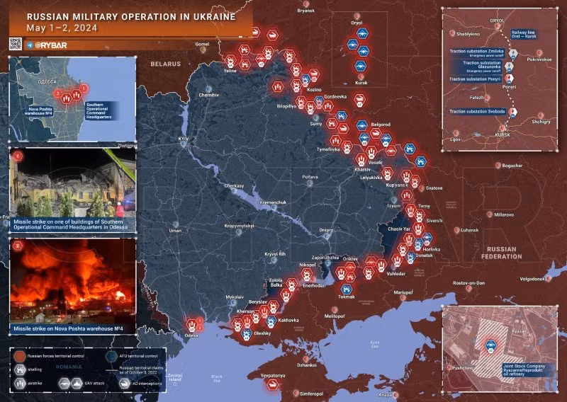 Bản đồ chiến sự Ukraine ngày 1-2/5. (Ảnh: Rybar)
