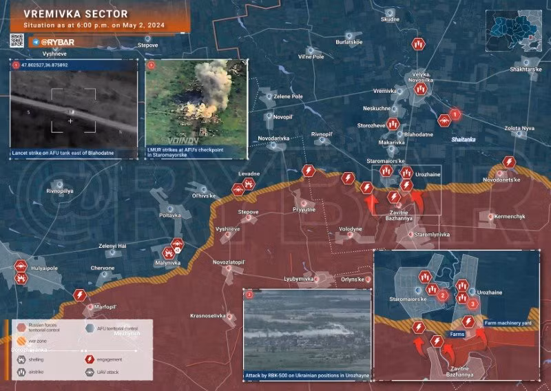 Bản đồ chiến sự Ukraine ngày 2/5, khu vực Vremika. (Ảnh: Rybar)