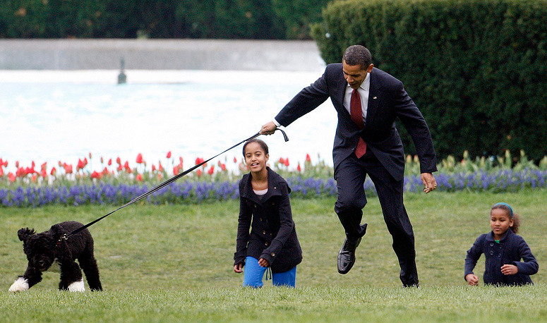 Cựu Tổng thống Mỹ Barack Obama và 2 con gái chơi với chú chó Bo tại vườn cỏ của Nhà trắng. Cựu Tổng thống Mỹ Barack Obama và 2 con gái chơi với chú chó Bo tại vườn cỏ của Nhà trắng.