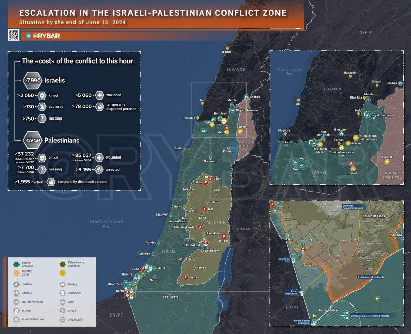 Bản đồ xung đột Israel - Hamas ngày 13/6. (Ảnh: Rybar)