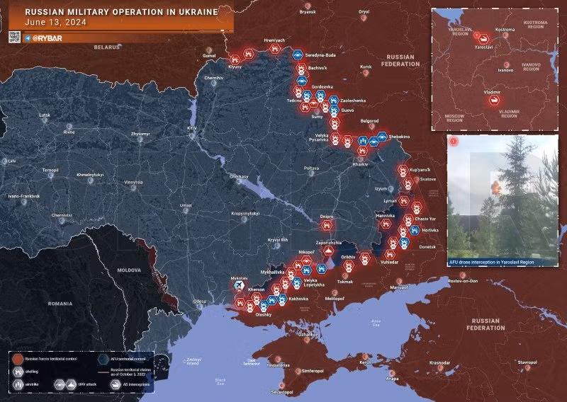Bản đồ chiến sự Ukraine ngày 13/6. (Ảnh: Rybar)