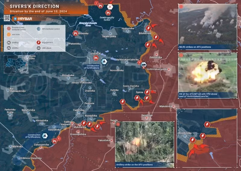 Bản đồ chiến sự Ukraine ngày 13/6, hướng Siversk. (Ảnh: Rybar)