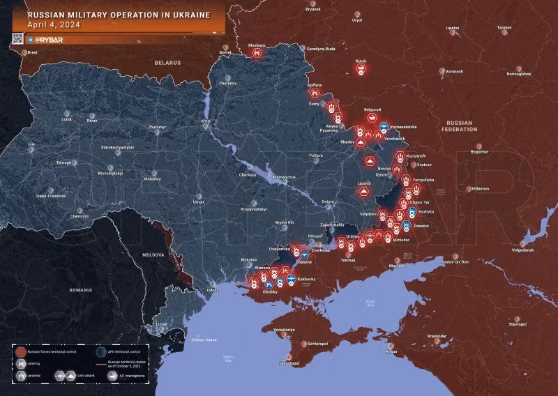 Bản đồ chiến sự Ukraine ngày 4/4. (Ảnh: Rybar)