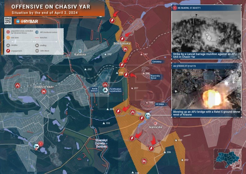 Bản đồ chiến sự Ukraine ngày 2/4, hướng Chasiv Yar. (Ảnh: Rybar) Bản đồ chiến sự Ukraine ngày 2/4, hướng Chasiv Yar. (Ảnh: Rybar)