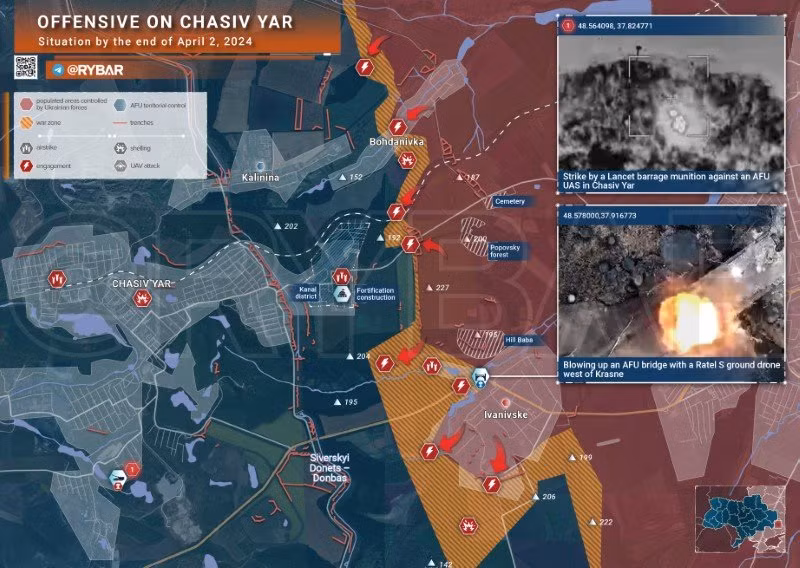 Bản đồ chiến sự Ukraine ngày 2/4, hướng Chasiv Yar. (Ảnh: Rybar)