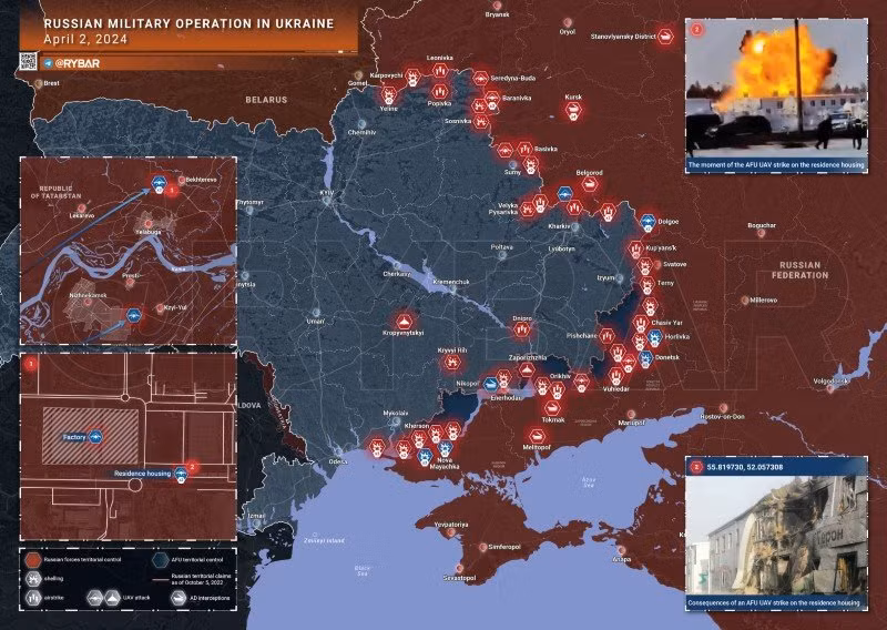 Bản đồ chiến sự Ukraine ngày 2/4. (Ảnh: Rybar)