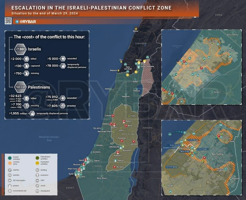 Bản đồ xung đột Israel - Hamas ngày 29/3. (Ảnh: Rybar)