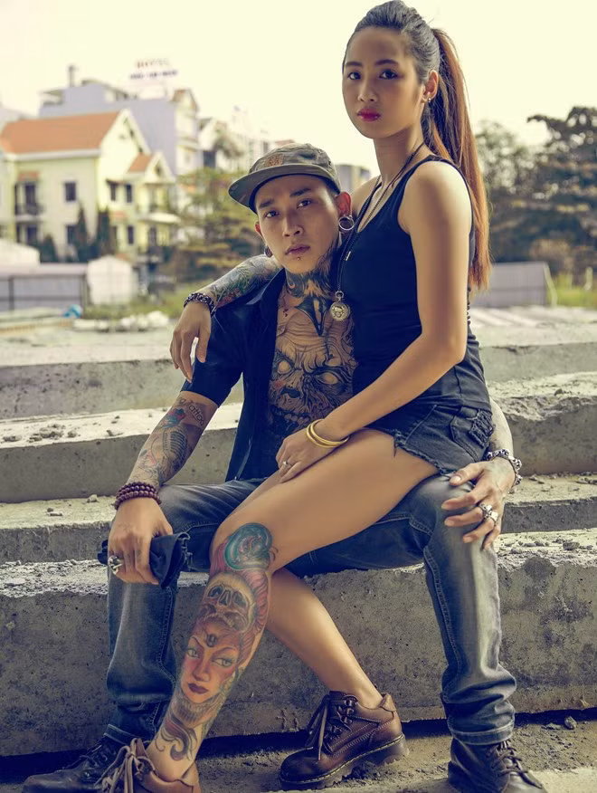 Quỳnh Anh cùng ông xã Ngọc Tân. Cả hai đều đam mê với các hình xăm. Thư gửi vợ của chồng 9X: