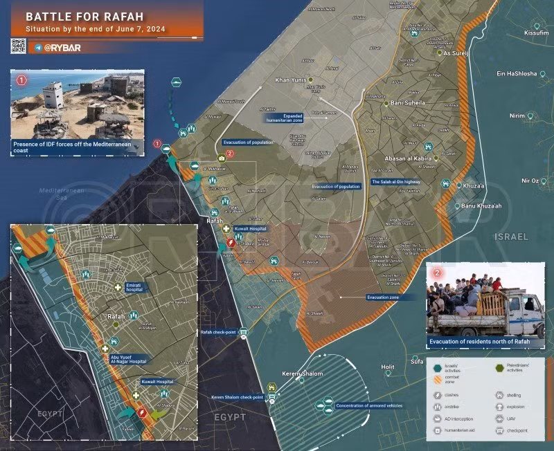 Bản đồ xung đột Israel - Hamas, khu vực Rafah ngày 7/6. (Ảnh: Rybar)