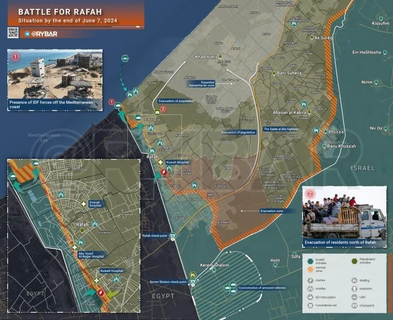 Bản đồ xung đột Israel - Hamas, khu vực Rafah ngày 7/6. (Ảnh: Rybar)