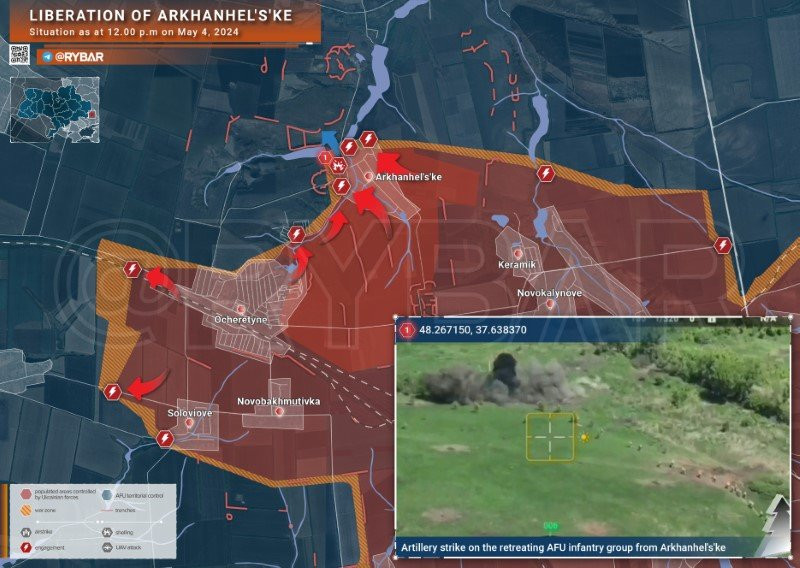 Bản đồ chiến sự Ukraine ngày 4/5, khu vực Ocheretyne. (Ảnh: Rybar)