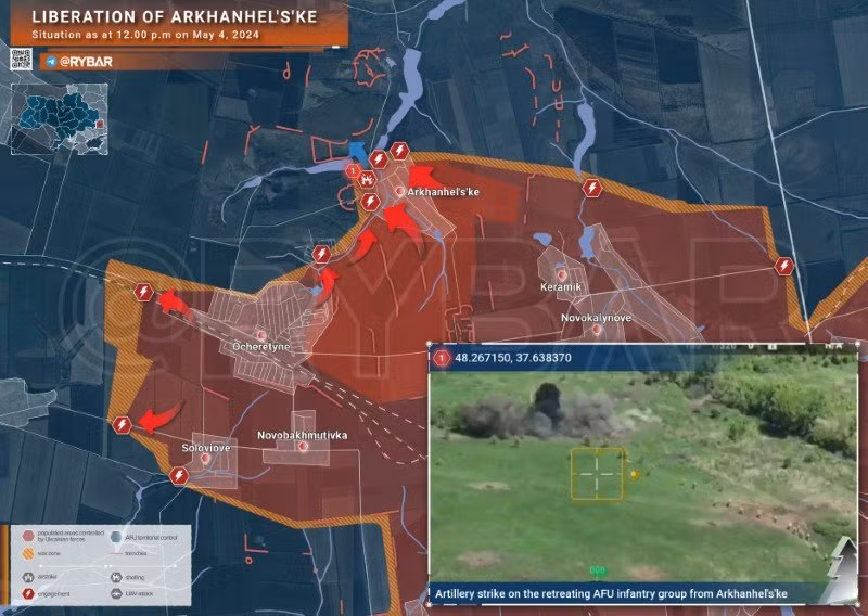 Bản đồ chiến sự Ukraine ngày 4/5, khu vực Ocheretyne. (Ảnh: Rybar)