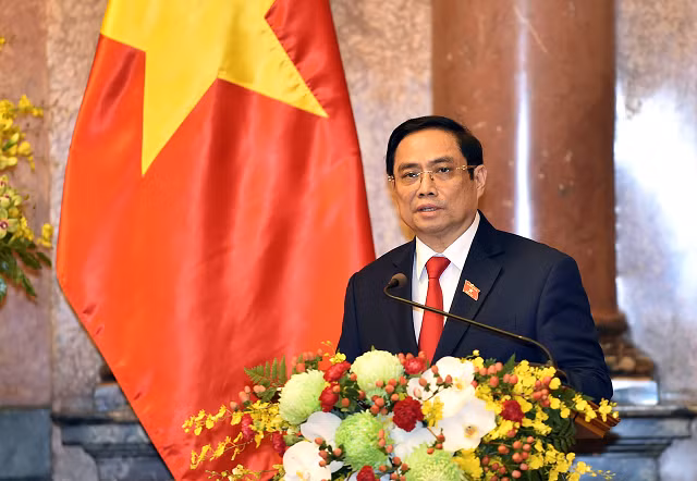 Thủ tướng Chính phủ Phạm Minh Chính phát biểu tại Lễ công bố thành viên Chính phủ nhiệm kỳ Quốc hội khóa XV, chiều ngày 28/7. Ảnh: VGP/Nhật Bắc.
