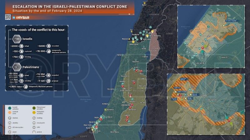 Bản đồ xung đột Israel - Hamas ngày 28/2. (Ảnh: Rybar) 