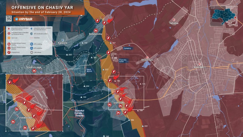 Bản đồ chiến sự Ukraine ngày 28/2, khu vực Chasiv Yar. (Ảnh: Rybar)