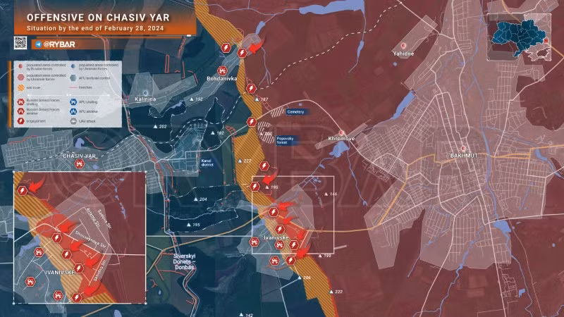 Bản đồ chiến sự Ukraine ngày 28/2, khu vực Chasiv Yar. (Ảnh: Rybar)
