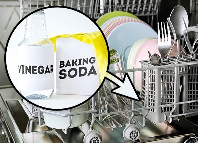 Để làm sạch máy rửa bát, hãy đổ một chén giấm vào máy trong lần rửa đầu tiên và thêm một vài thìa baking soda trong lần rửa thứ 2.