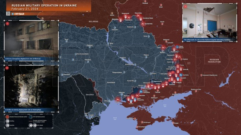 Bản đồ chiến sự Ukraine ngày 21/2. (Ảnh: Rybar)