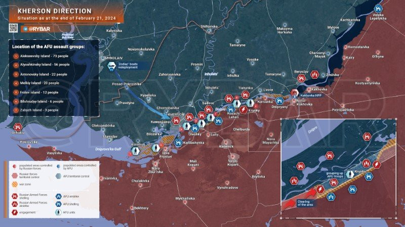 Bản đồ chiến sự Ukraine ngày 21/2, hướng Kherson. (Ảnh: Rybar)