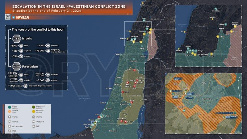 Bản đồ xung đột Israel - Hamas ngày 21/2. (Ảnh: Rybar) Bản đồ xung đột Israel - Hamas ngày 21/2. (Ảnh: Rybar)