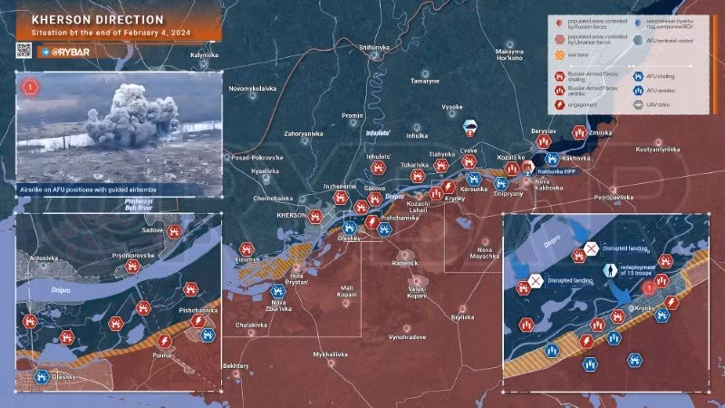 Bản đồ chiến sự Ukraine ngày 4/2, khu vực Kherson. (Ảnh: Rybar)
