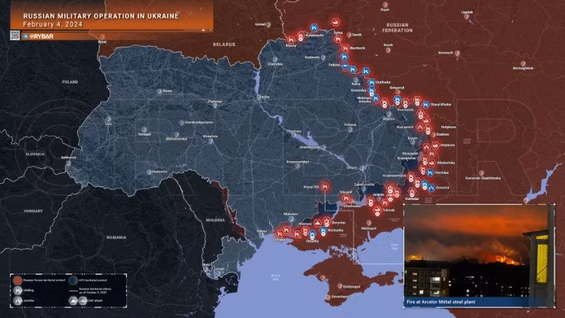 Bản đồ chiến sự Ukraine ngày 4/2. (Ảnh: Rybar)