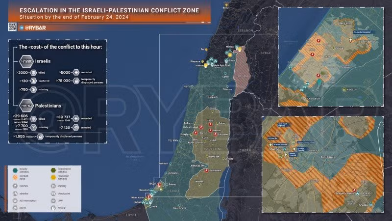Bản đồ xung đột Israel - Hamas ngày 24/2. (Ảnh: Rybar) Bản đồ xung đột Israel - Hamas ngày 24/2. (Ảnh: Rybar)