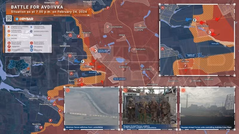 Bản đồ chiến sự Ukraine ngày 24/2, khu vực Avdeevka. (Ảnh: Rybar)