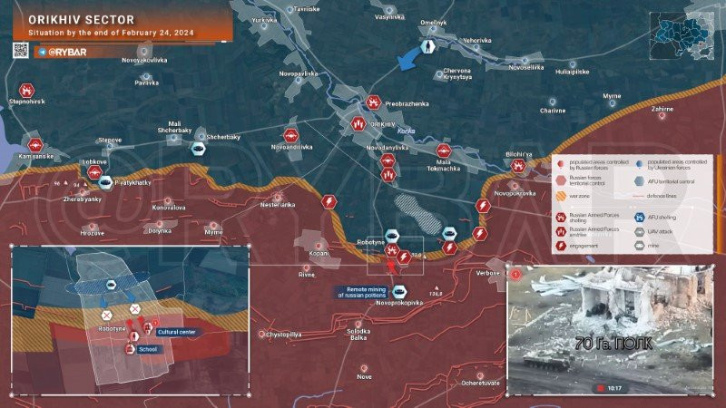 Bản đồ chiến sự Ukraine ngày 24/2, khu vực Orikhiv. (Ảnh: Rybar)