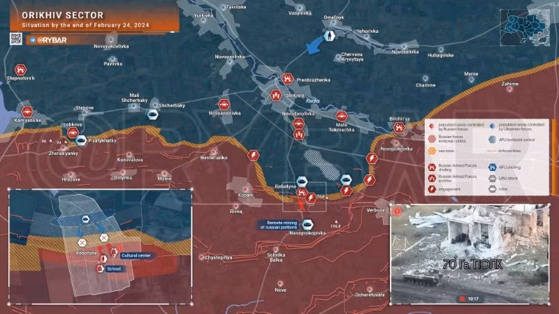 Bản đồ chiến sự Ukraine ngày 24/2, khu vực Orikhiv. (Ảnh: Rybar)