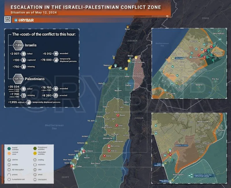 Bản đồ xung đột Israel - Hamas ngày 12/5. (Ảnh: Rybar)