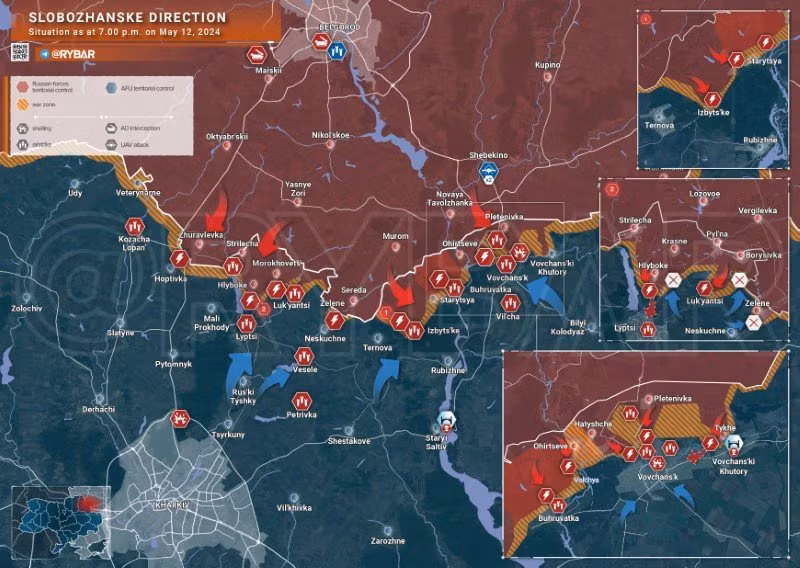 Bản đồ chiến sự Ukraine ngày 12/5, hướng Slobozhanske. (Ảnh: Rybar)