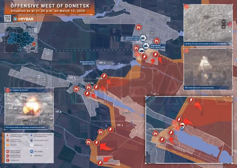 Bản đồ chiến sự Ukraine ngày 13/3, hướng Tây Donetsk.