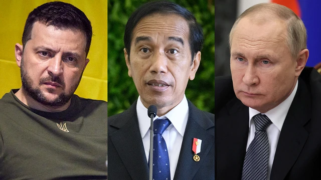 Tổng thống Ukraine Zelensky (trái), Tổng thống Indonesia Widodo (giữa) và Tổng thống Nga Putin.